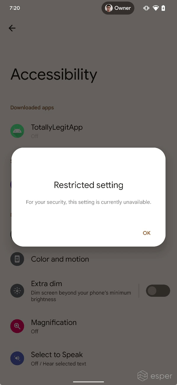 Diálogo de configuración restringida de Android 13