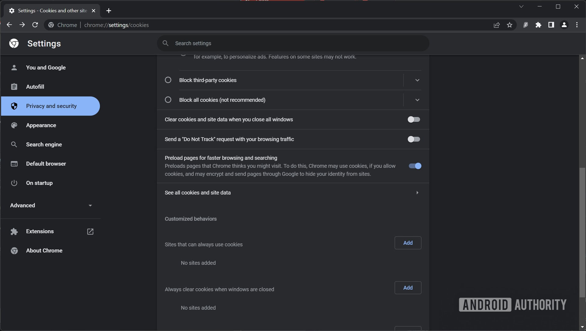 Chrome cookies and site data