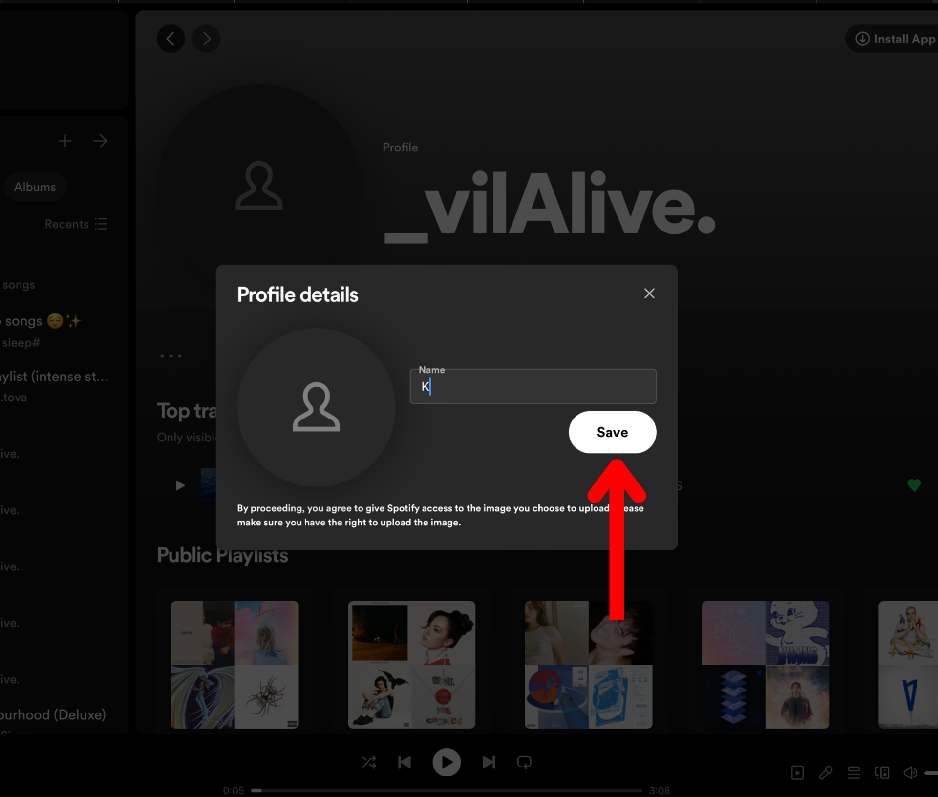 Spotify desktop profile details edit name save button