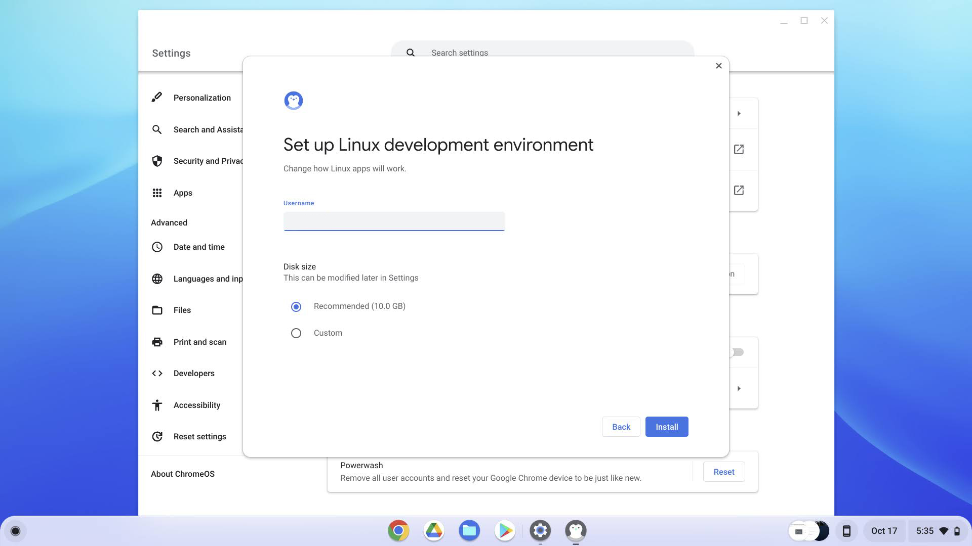 Enable Linux apps on Chromebook 3