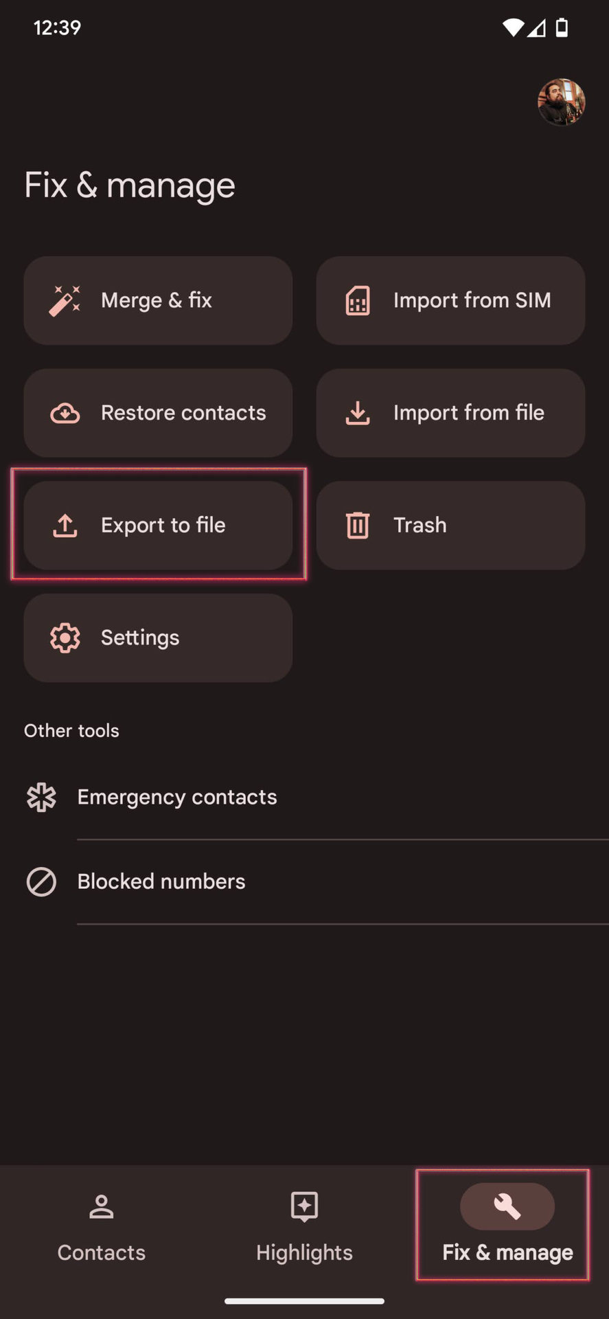 Export Contacts VCF file on Android 13 1