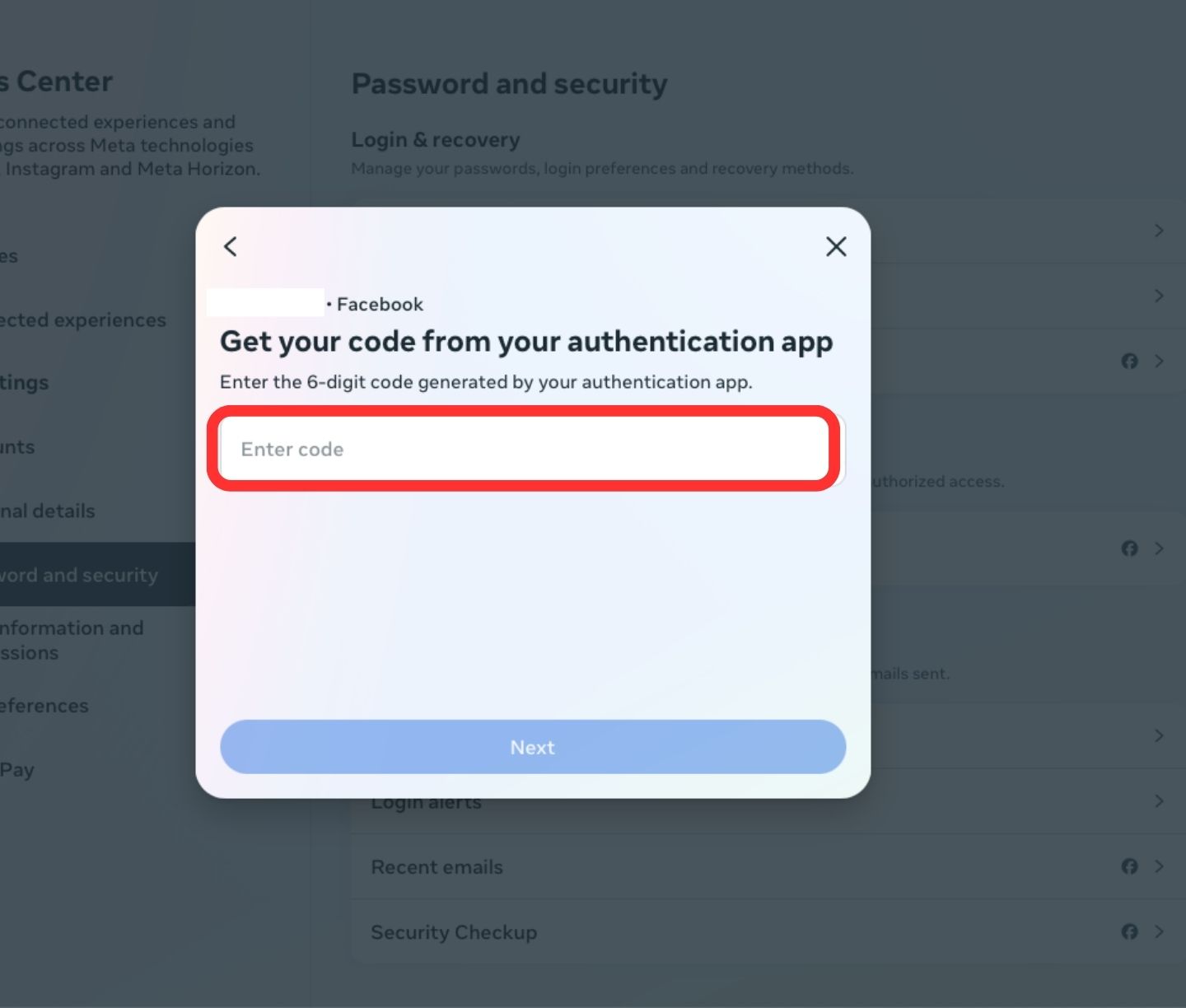 Facebook authentication app enter code
