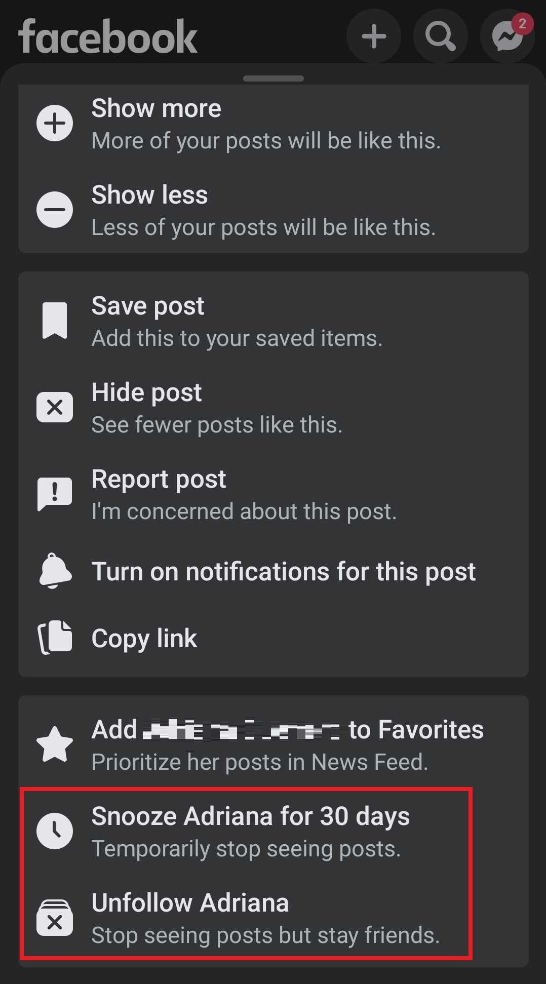Facebook mobile unfollow or mute posts
