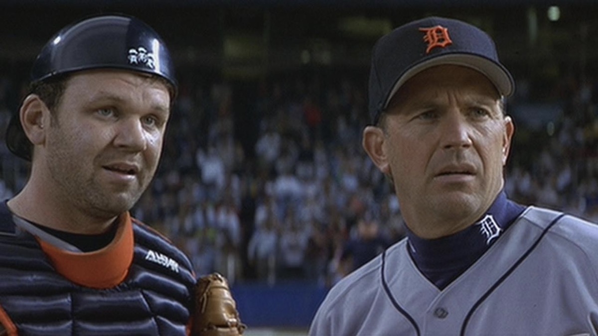 Kevin Costner and John C. Reily playing baseball in For Love of the Game