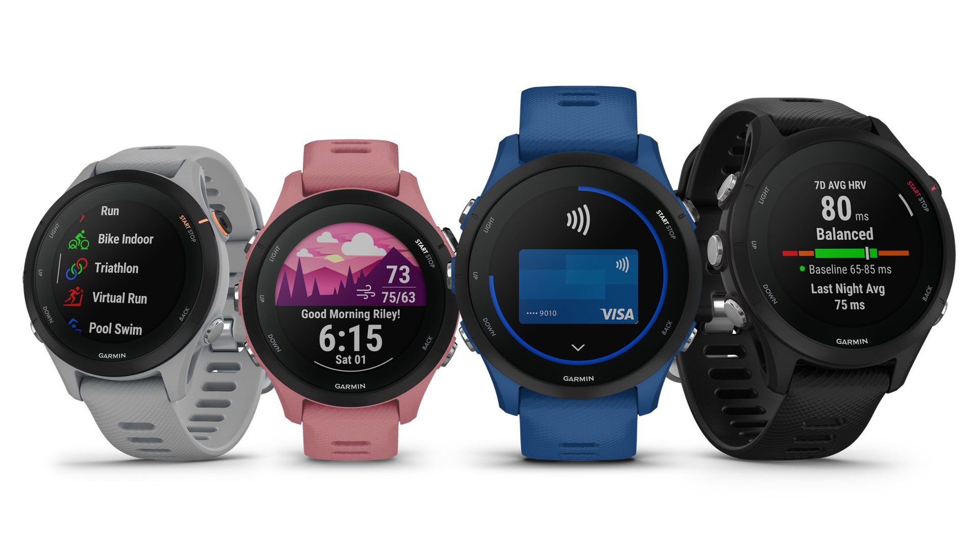 A lineup of Garmin Forerunner 255 models highlight the series' size and color options.