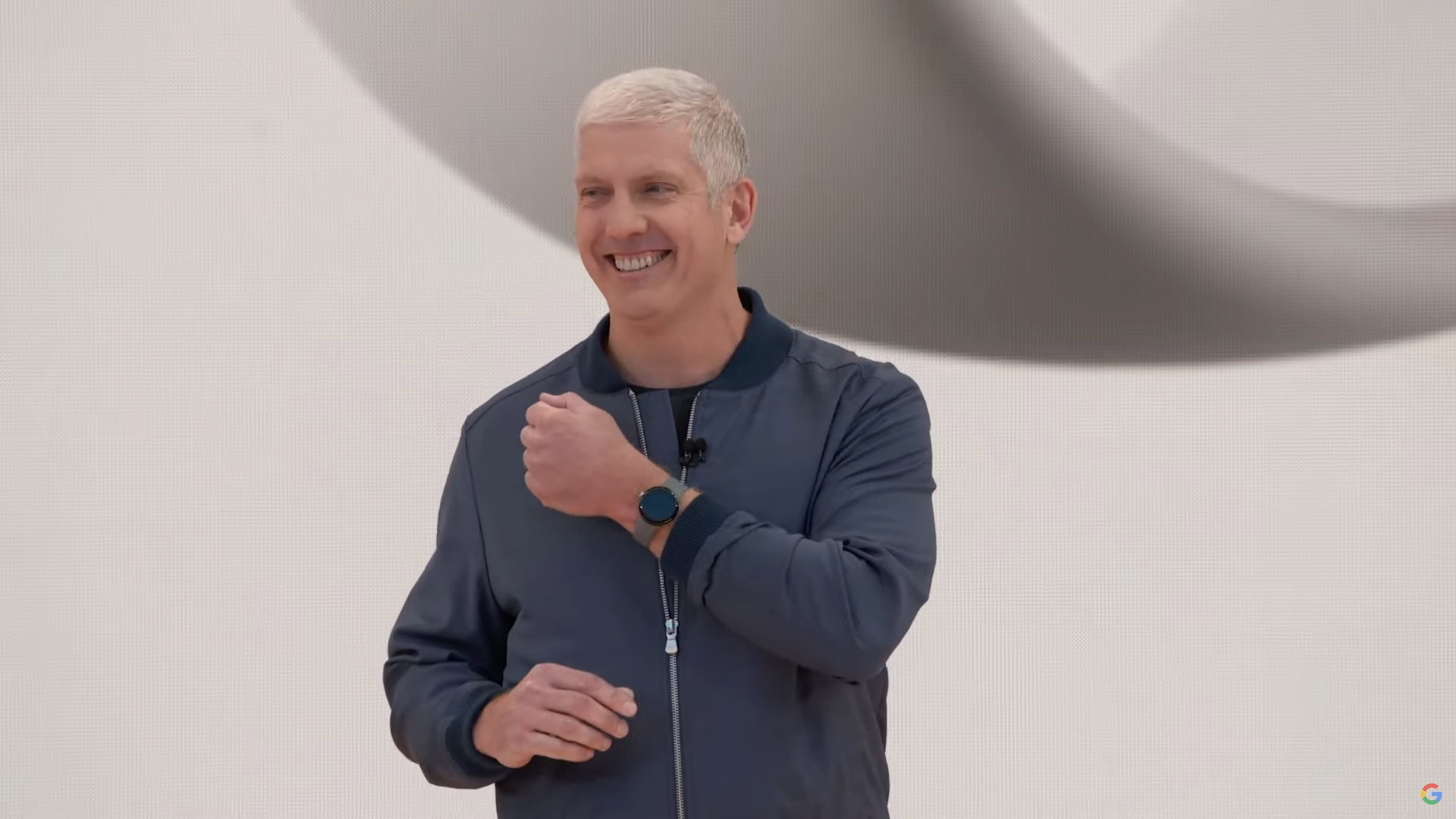 The pixel watch on a Google spokespersons wrist at I/O 2022.