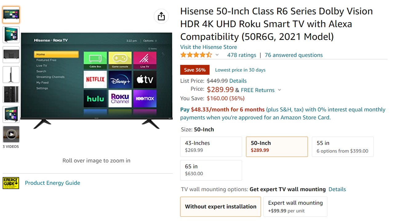 Hisense 50 Inch Class R6 4K UHD Roku Smart TV Amazon Deal
