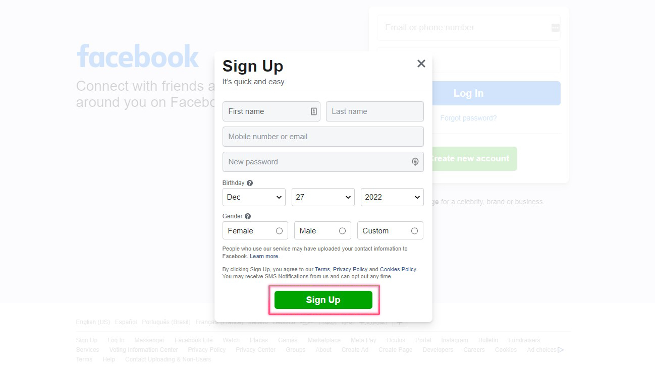 How to create a Facebook account 2