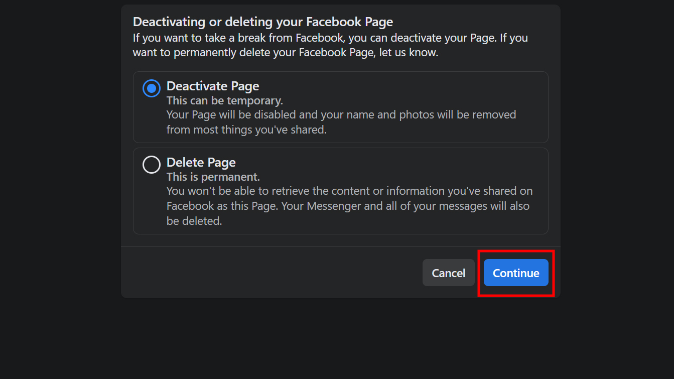 How to deactivate or delete a Facebook page on the web 7