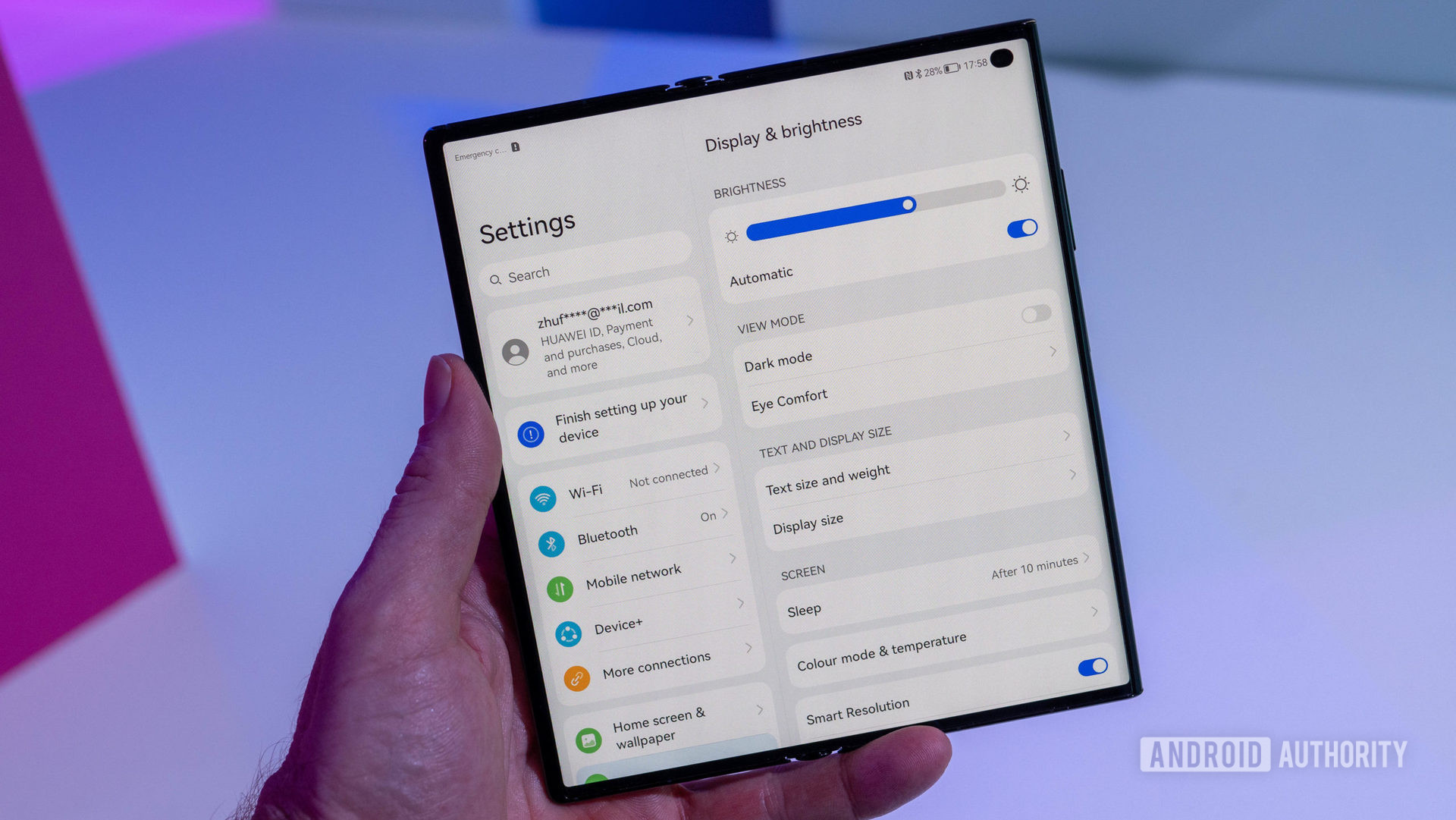 Huawei Mate Xs 2 open settings menu in hand