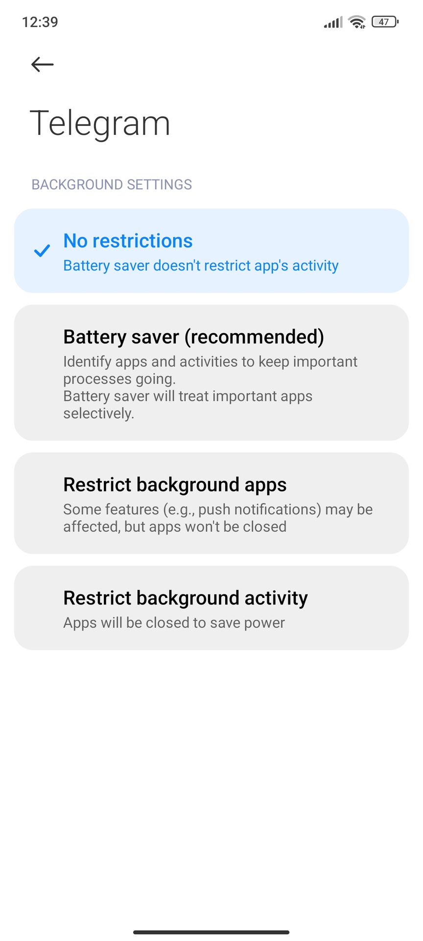 MIUI app battery saver Telegram