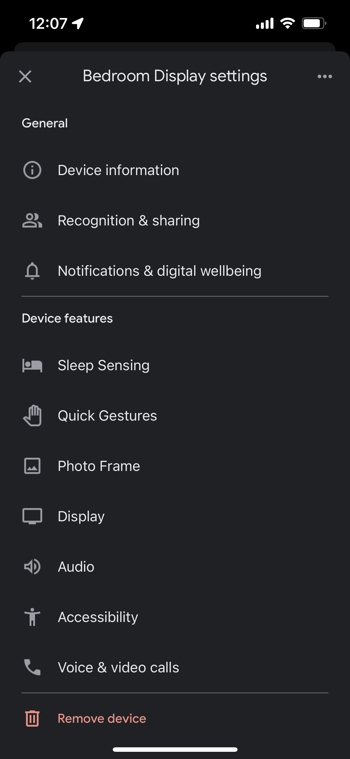 Nest Hub settings in the Google Home app