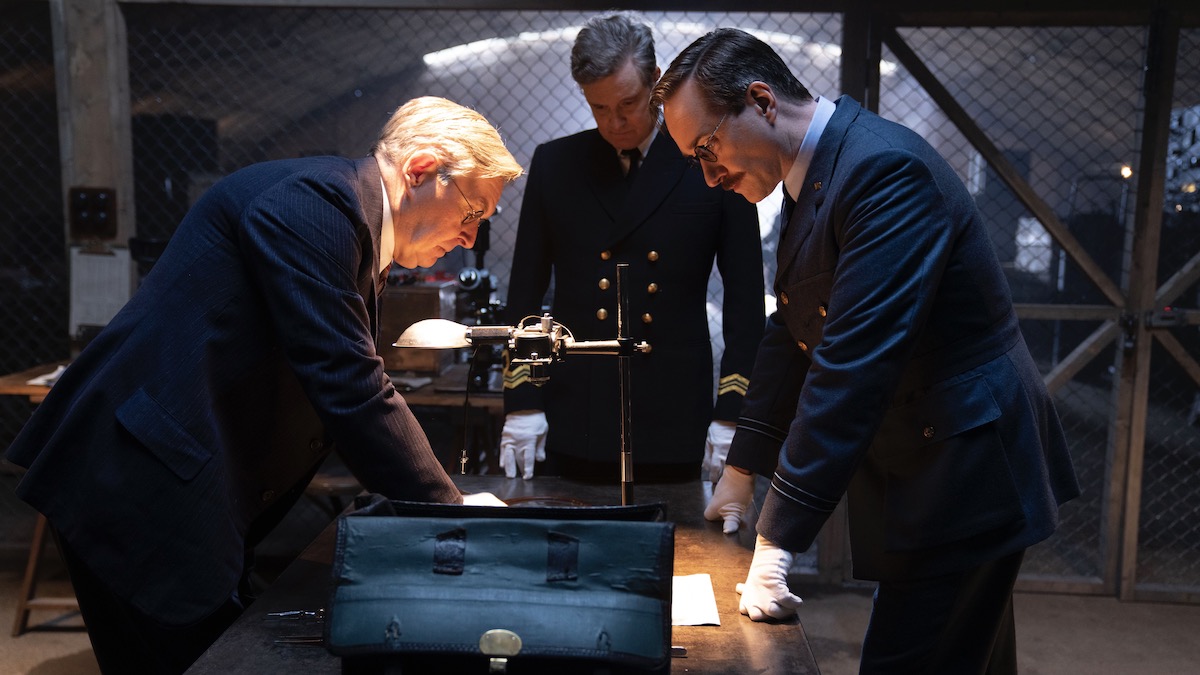 James Fleet as Charles Fraser-Smith, Colin Firth as Ewen Montagu, and Matthew Macfadyen as Charles Cholmondeley in Operation Mincemeat - war movies on Netflix