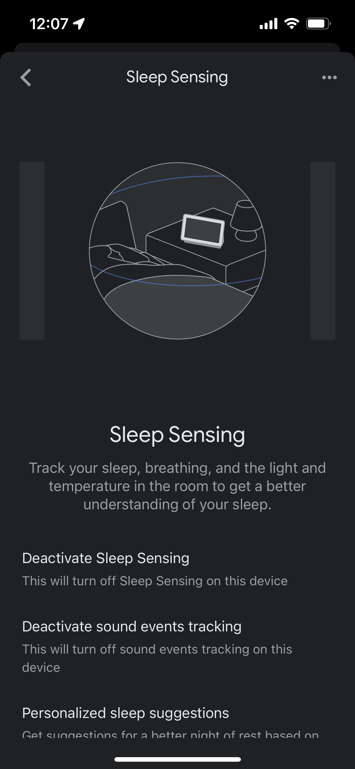 Sleep Sensing settings in the Google Home app