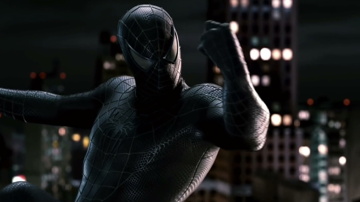 Spider-Man wears a black suit in Spider-Man 3 - best Sam Raimi movies ranked