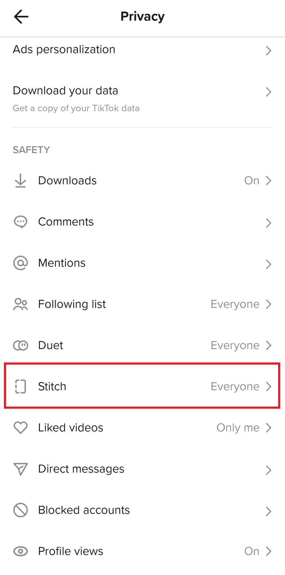 Stitch safety settings TikTok