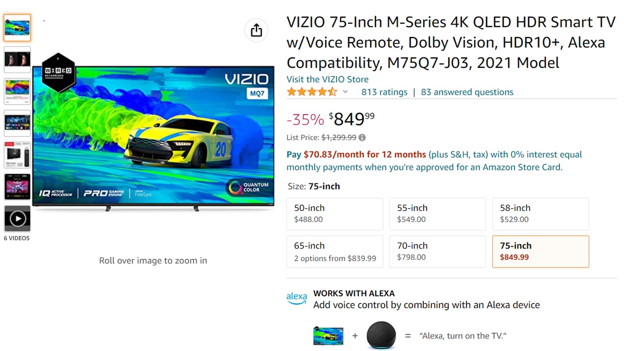 Vizio 75 Inch M Series 4K QLED HDR Smart TV Amazon Deal