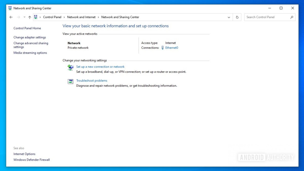 Windows 10 Control Panel Network and Sharing center