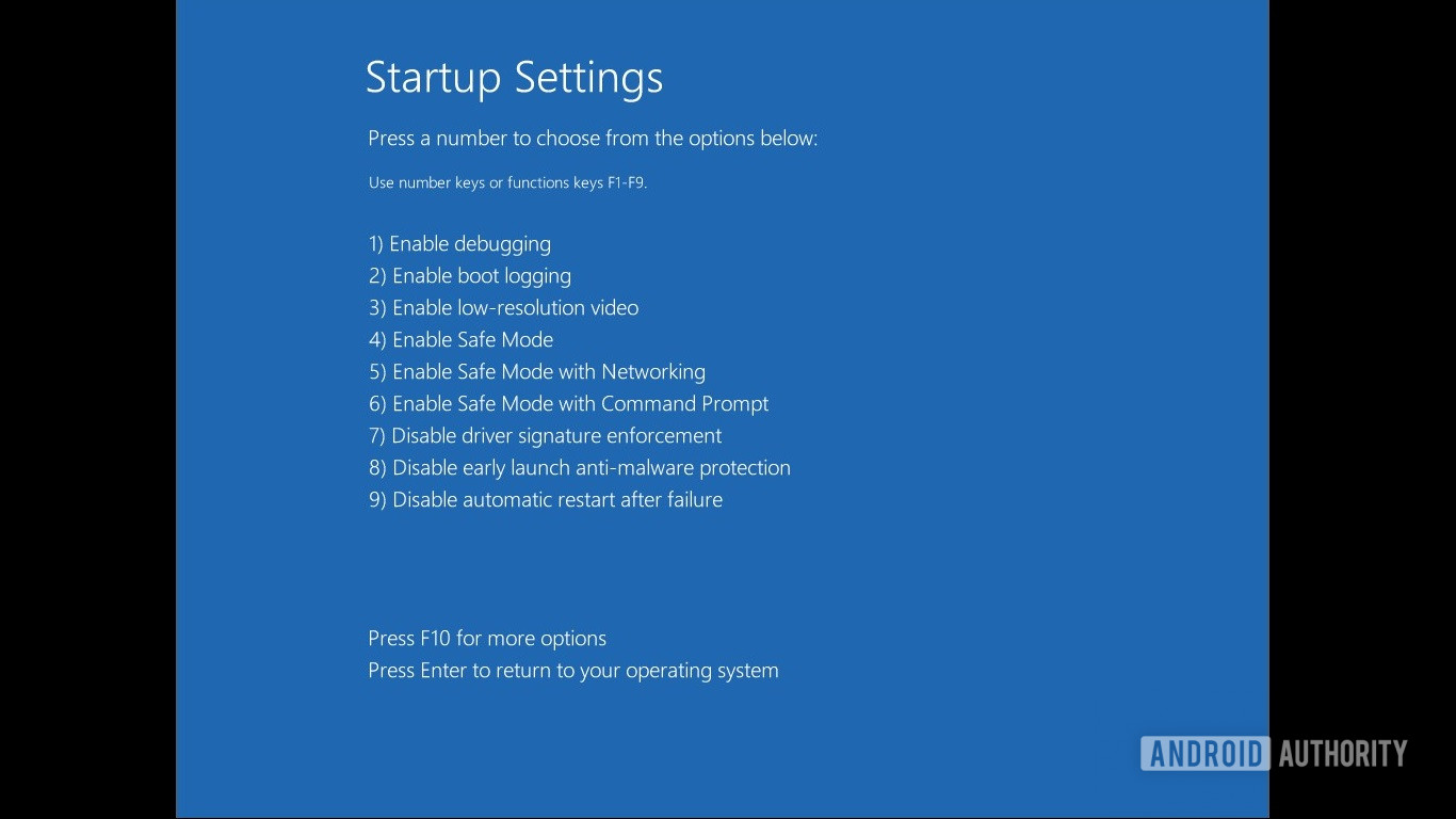 Windows 10 Startup settings menu