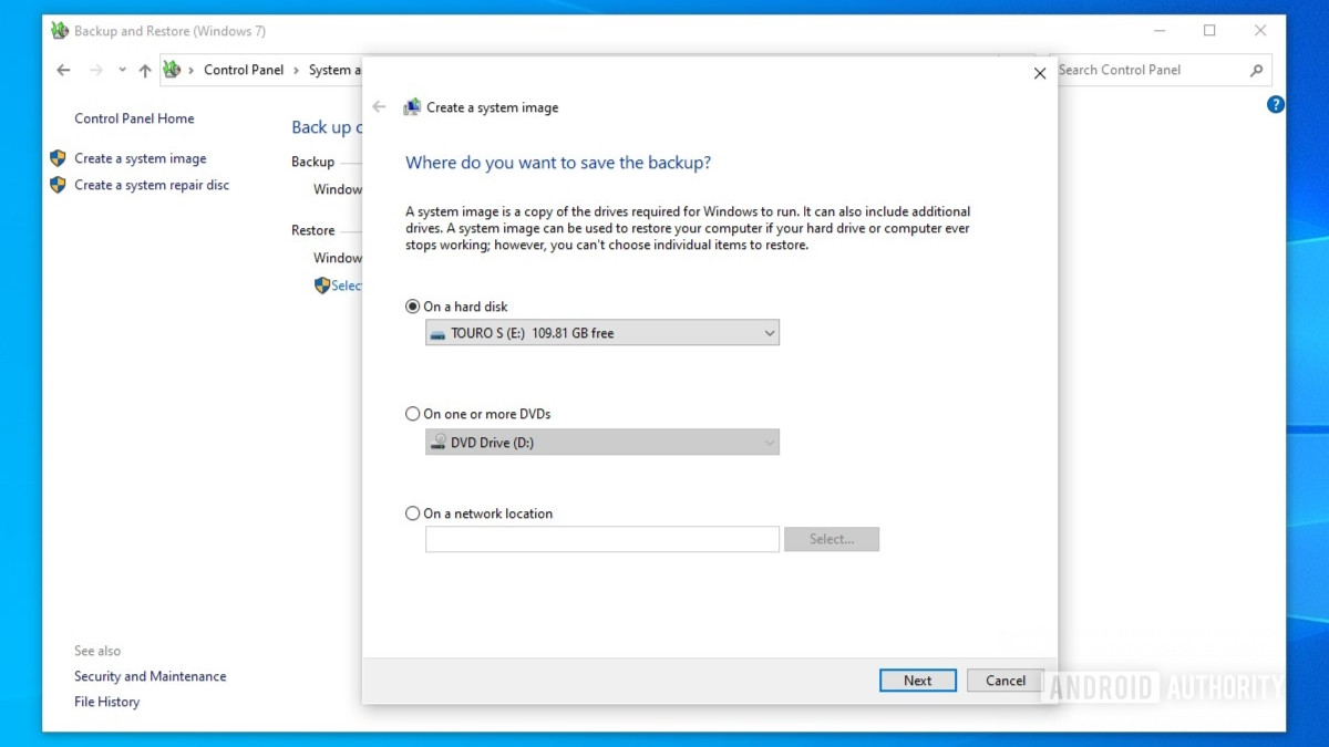 Selección de disco de copia de seguridad de Windows 10