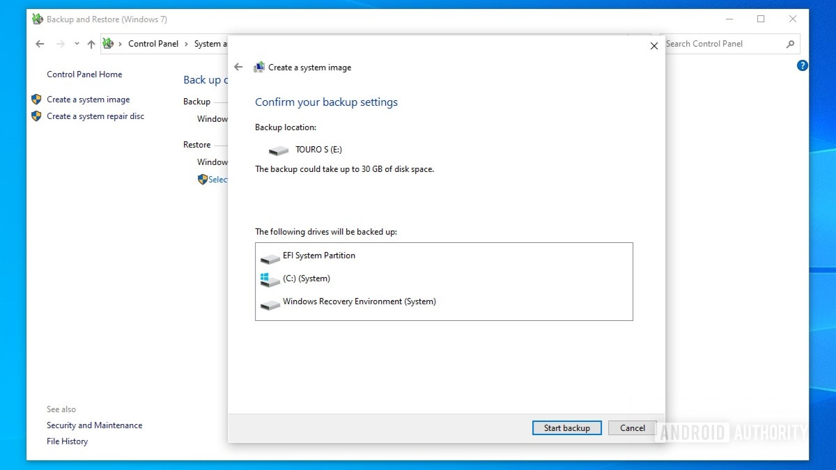 Selección de partición final de copia de seguridad de Windows 10