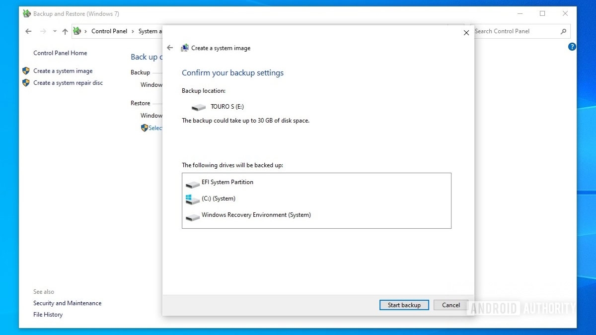 Windows 10 backup final partition selection