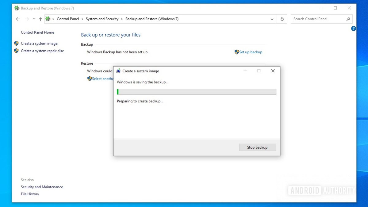 Windows 10 backup in progress