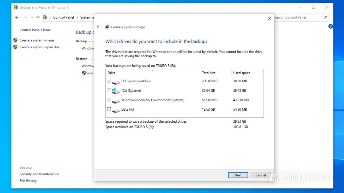 Windows 10 backup partition selection
