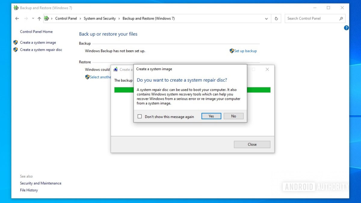 Windows 10 backup repair disk prompt