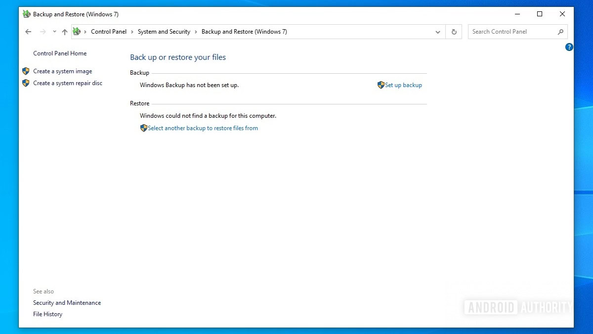 Windows 10 control panel backup and restore