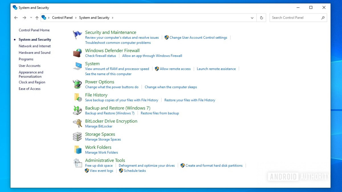 Windows 10 control panel system and security