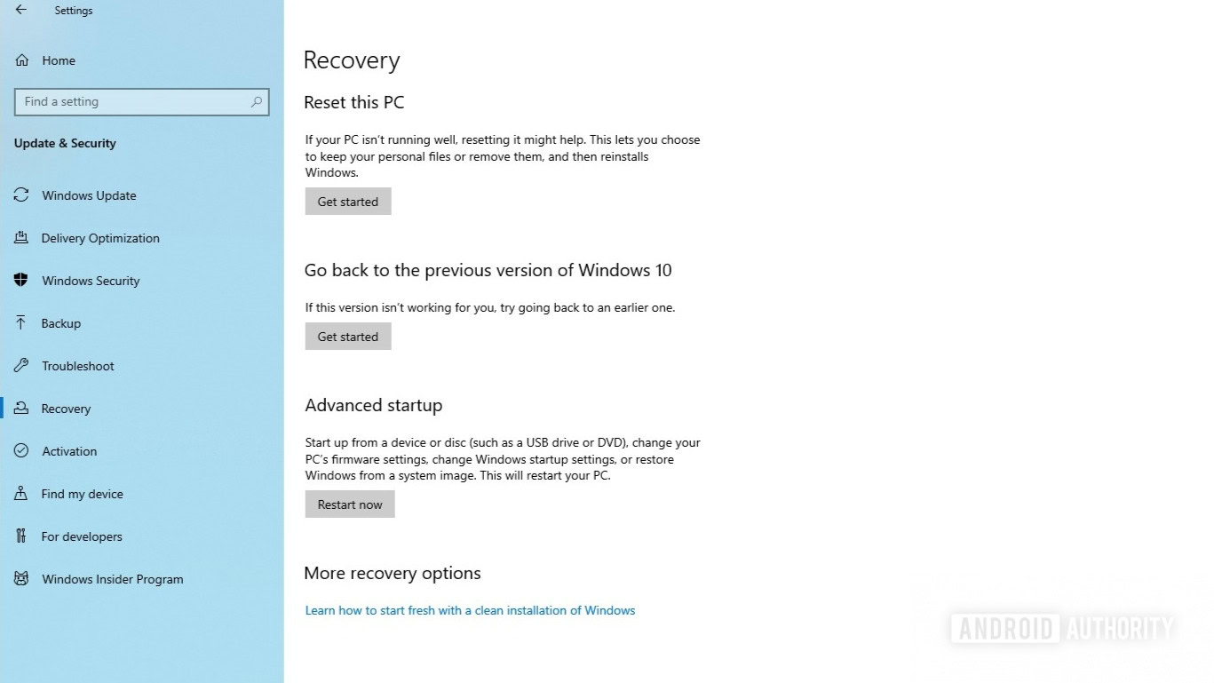 Configuración de recuperación de Windows 10