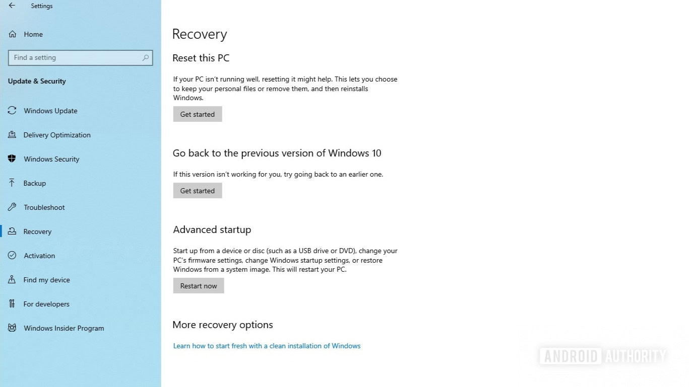 Windows 10 recovery settings