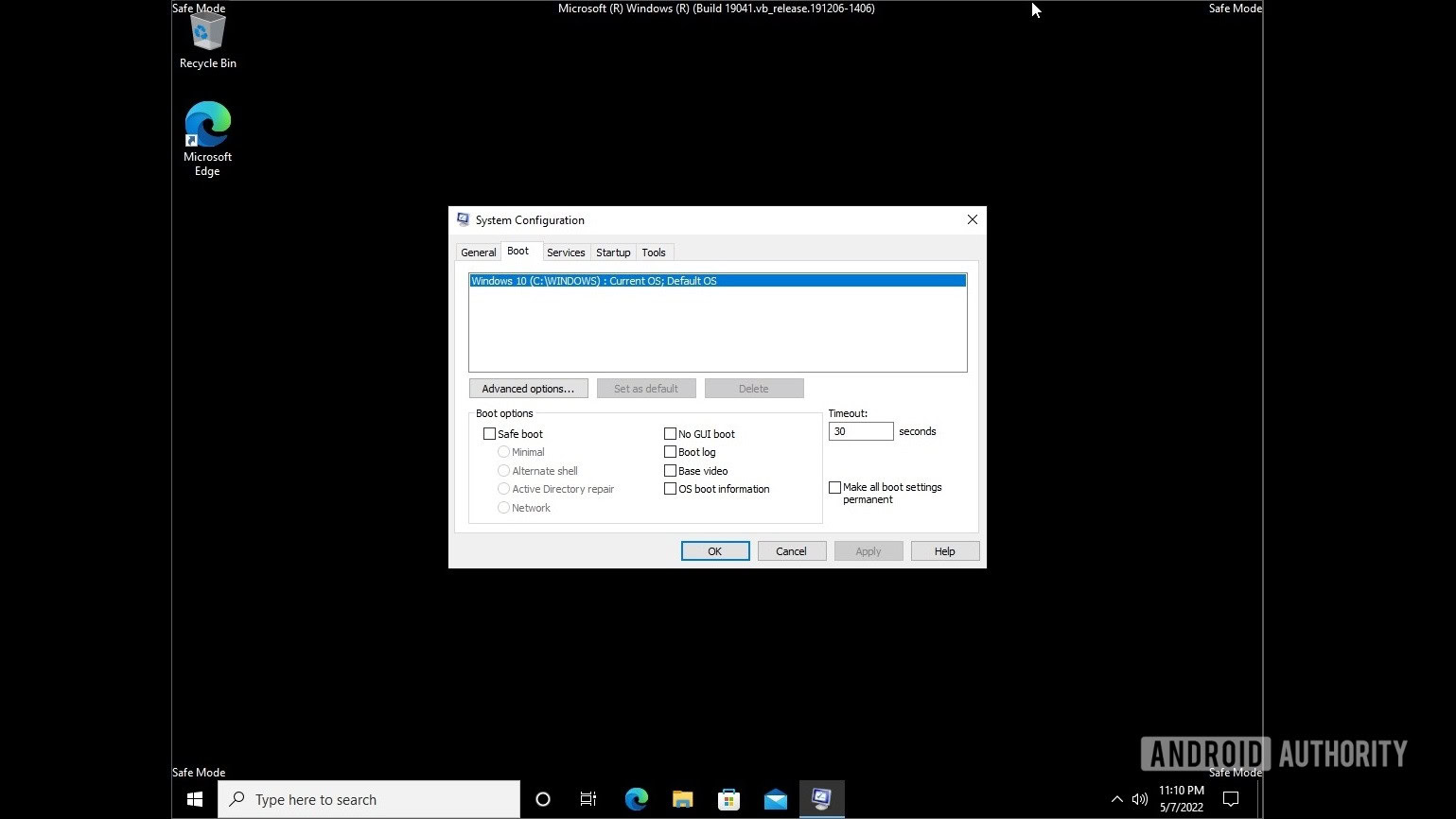 Opciones de arranque de msconfig en modo seguro de Windows 10