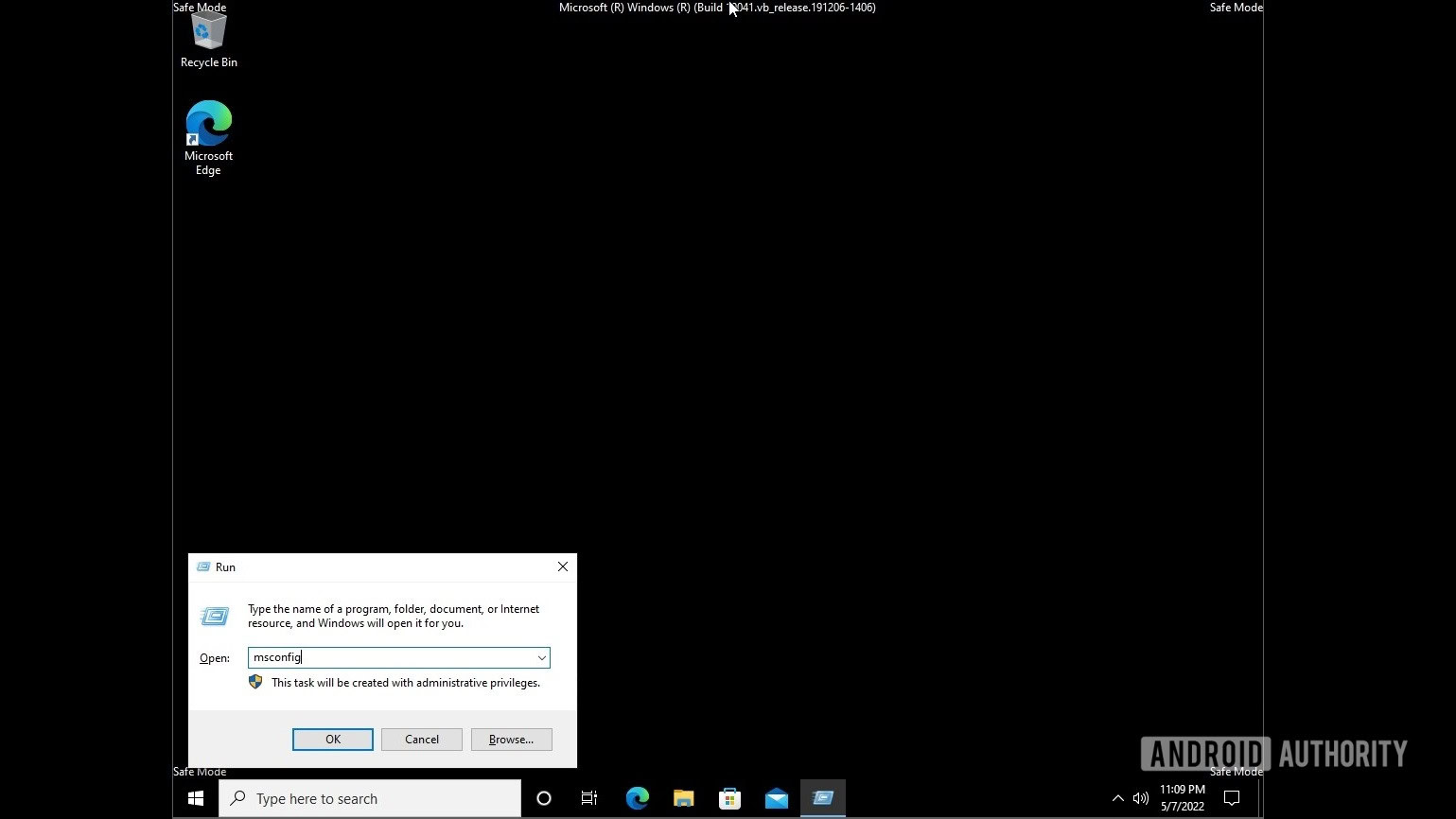 Windows 10 safe mode run msconfig