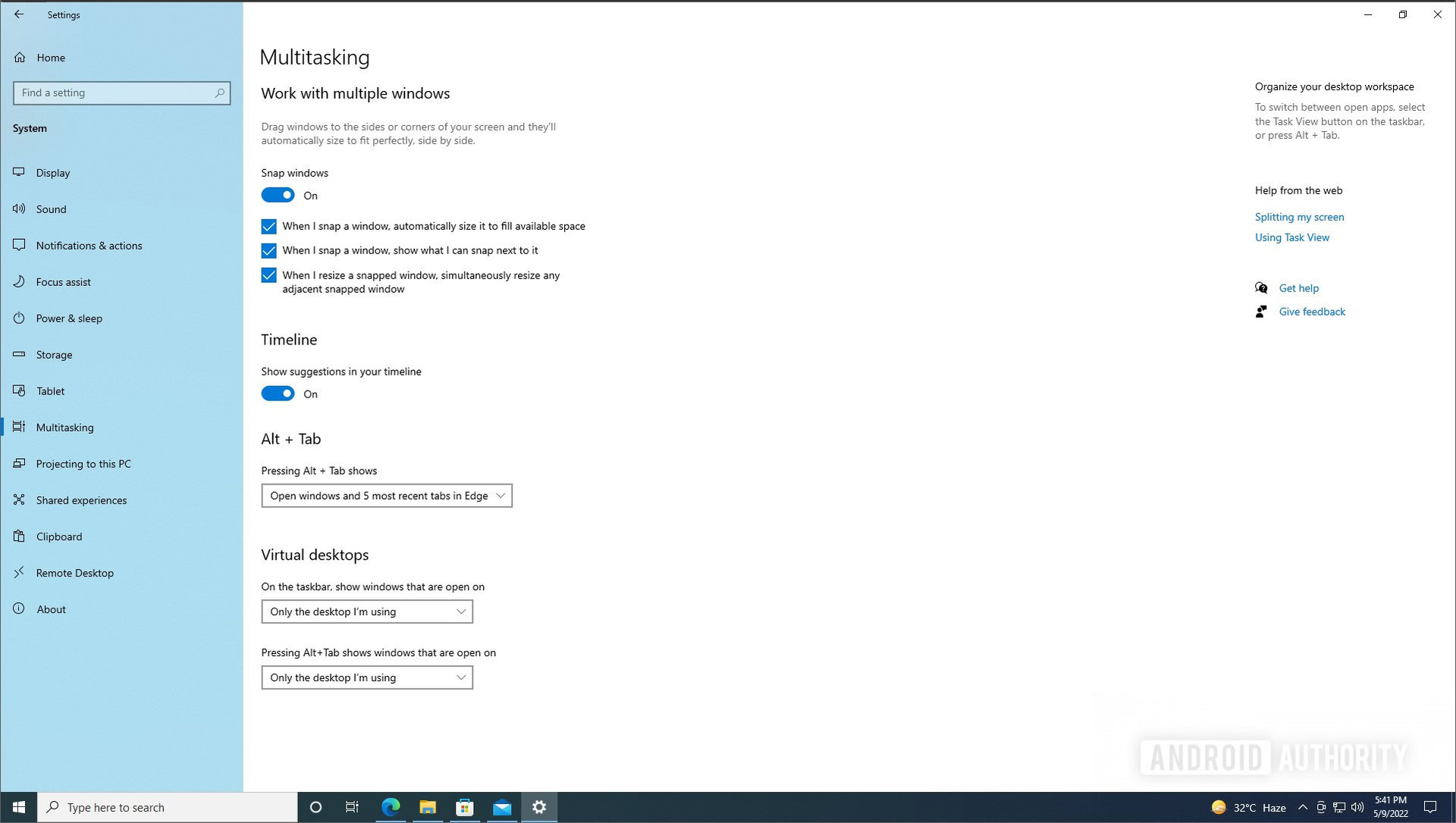 Windows 10 snap windows settings
