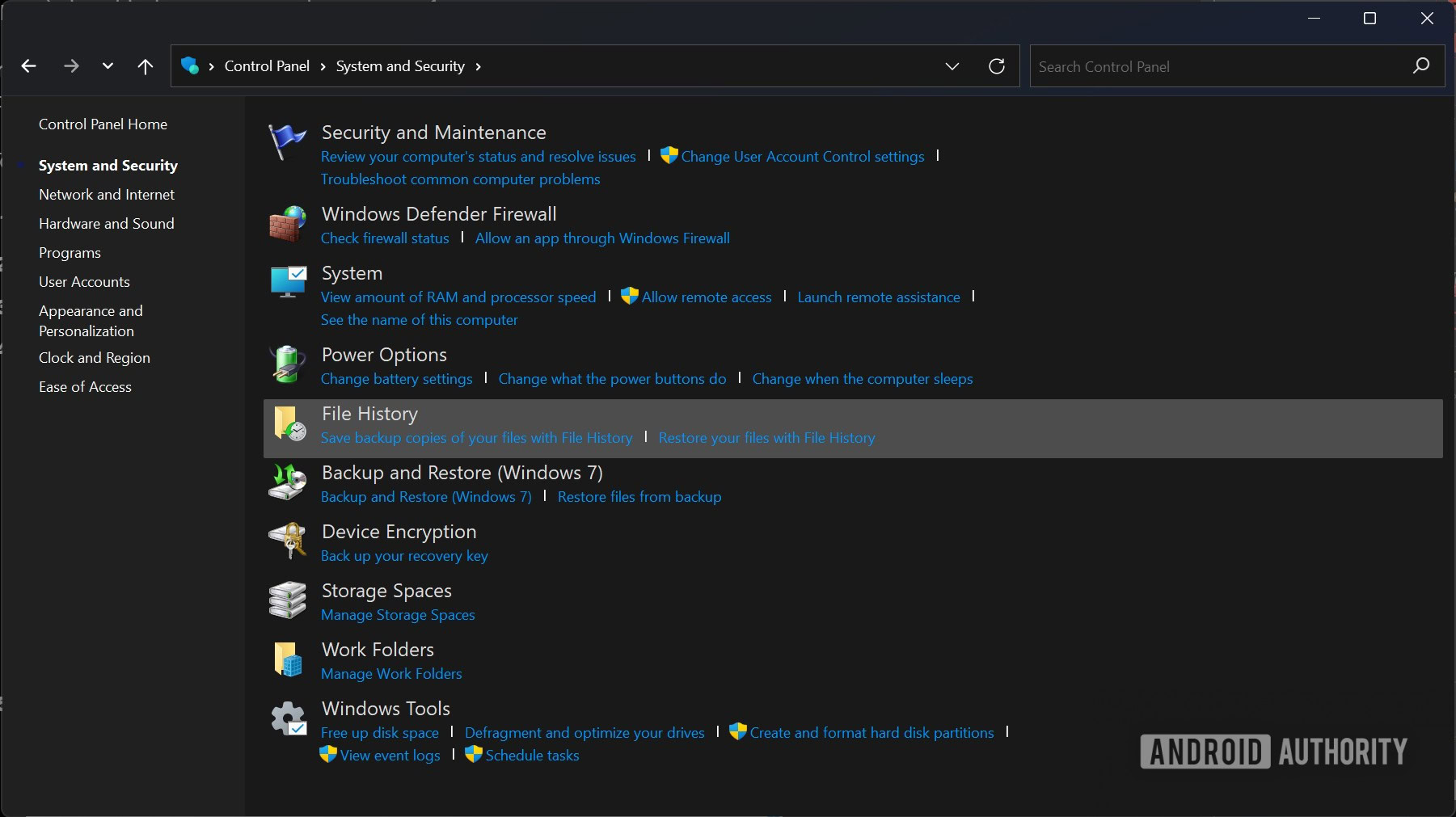 Windows 11 Control Panel System and Security