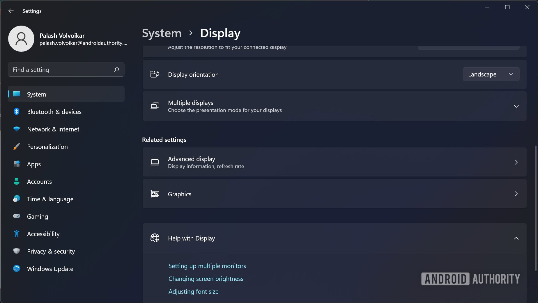 Windows settings Display settings