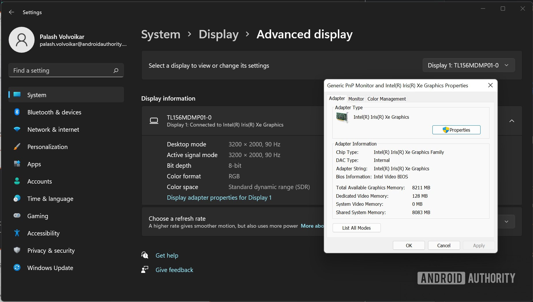 Windows settings VRAM details