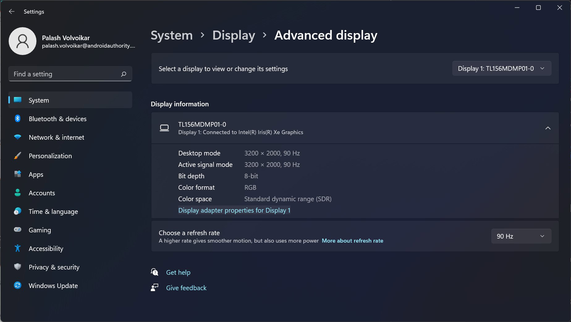 Windows settings advanced display settings