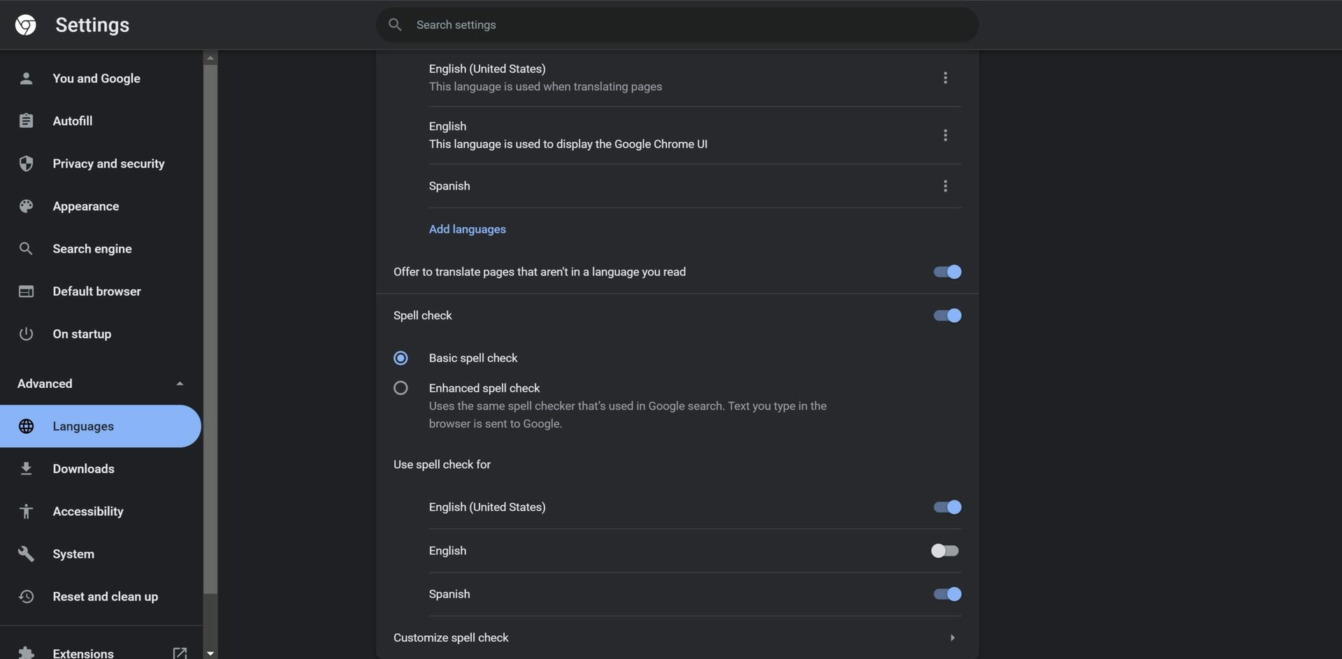 add languages spell check chrome