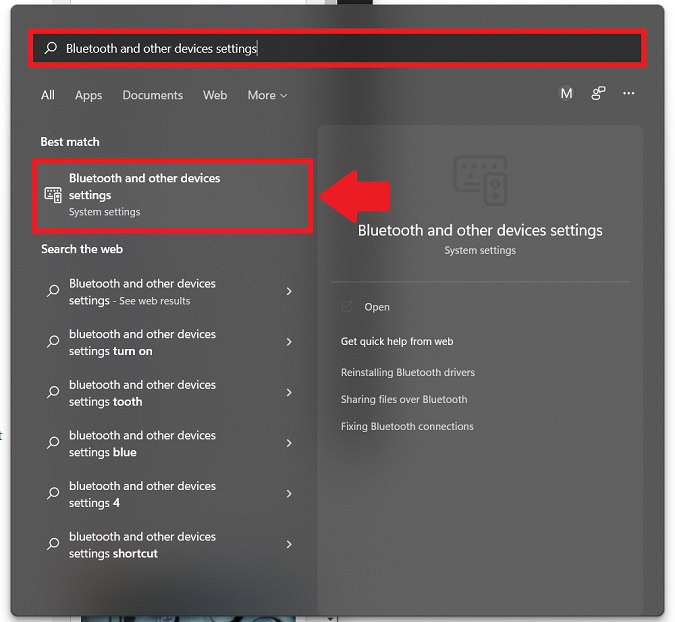 bluetooth and other devices settings in the start menu