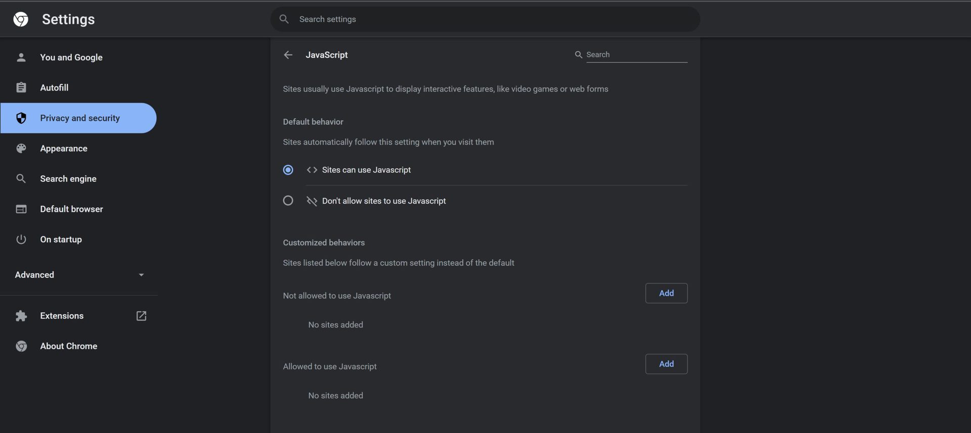 chrome site settings javascript 2