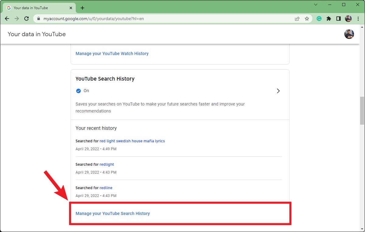 click manage your youtube search history