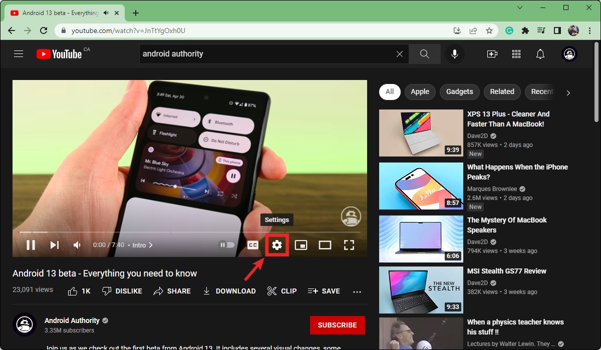 click settings on the video itself