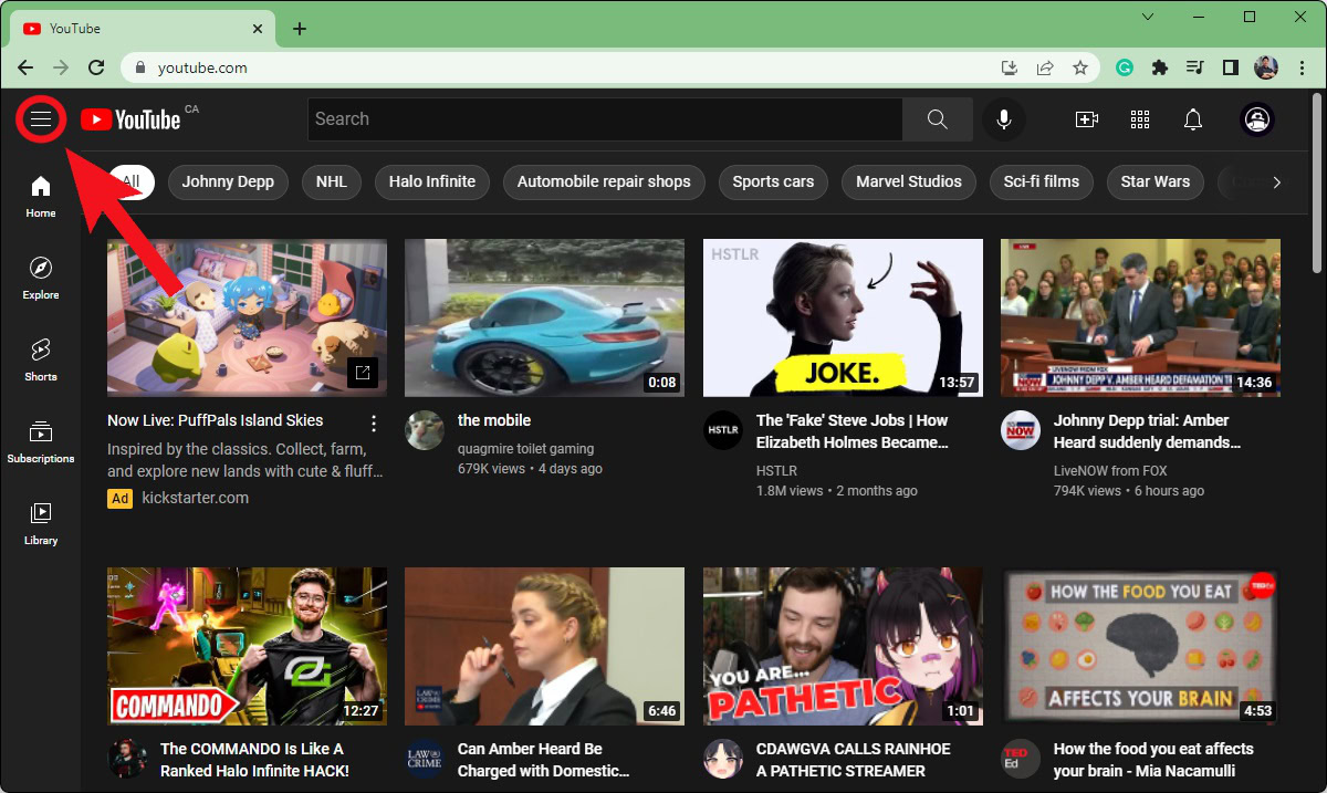 click three horizontal line button for youtube menu