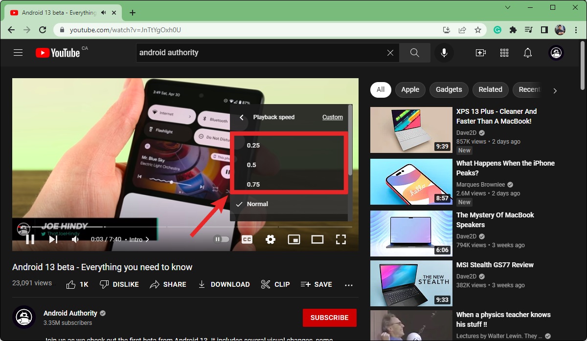 how to slow down a youtube video