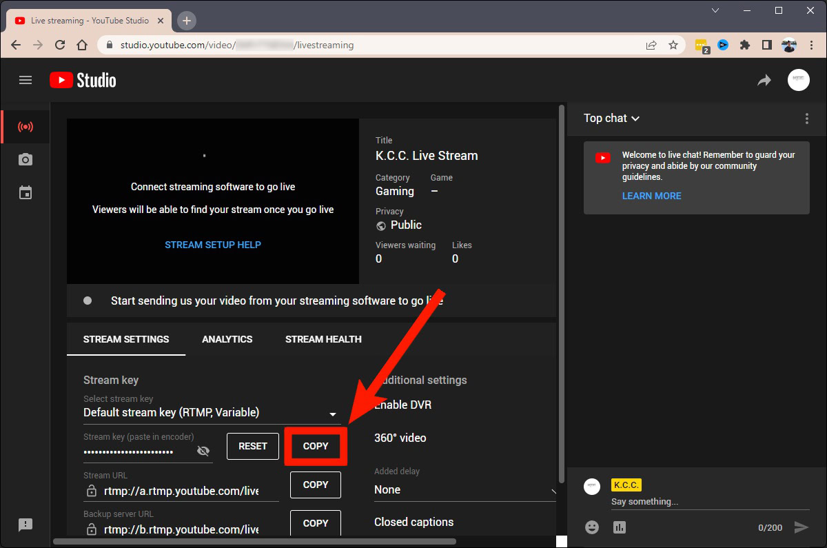 copy your stream key