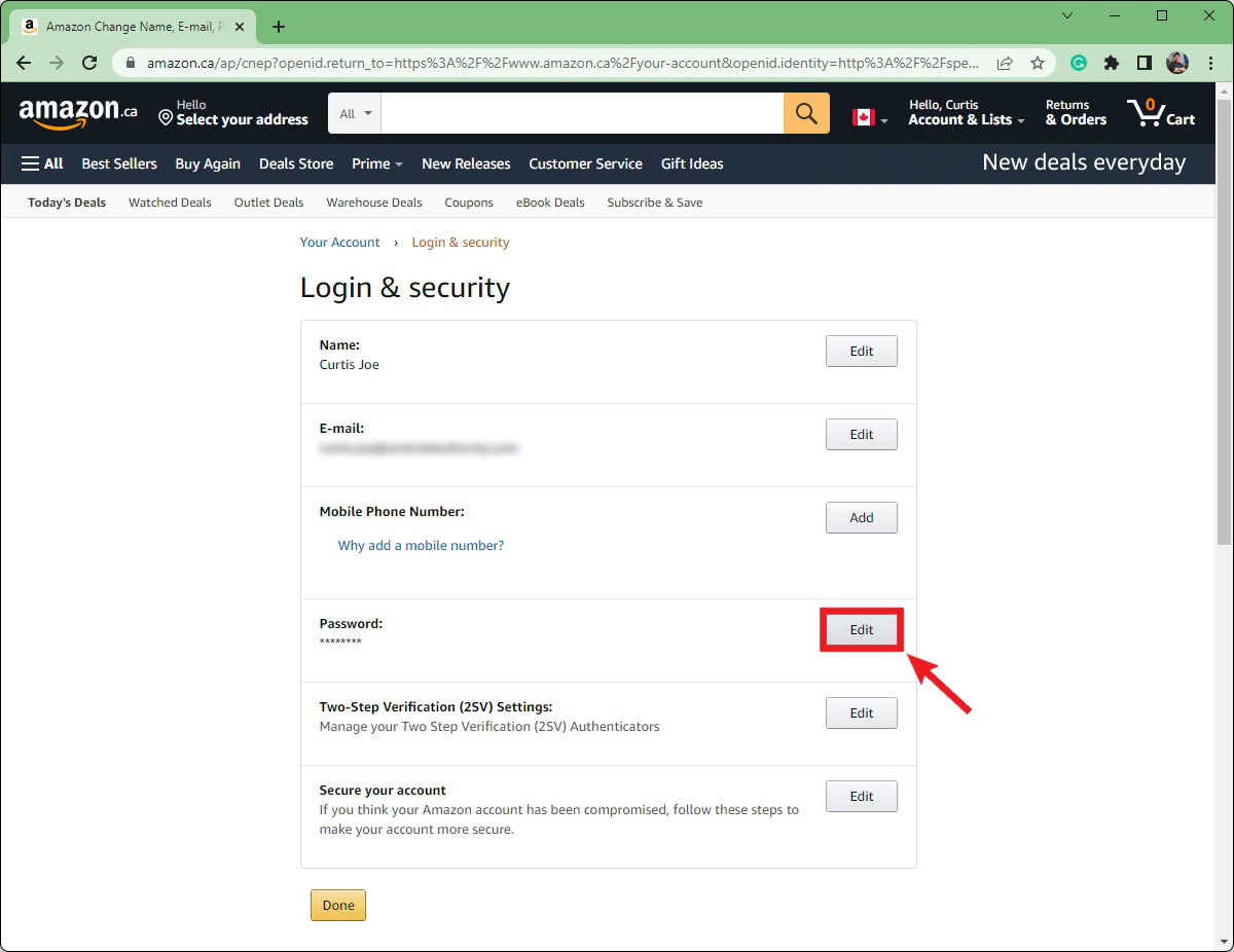 Edit Amazon password