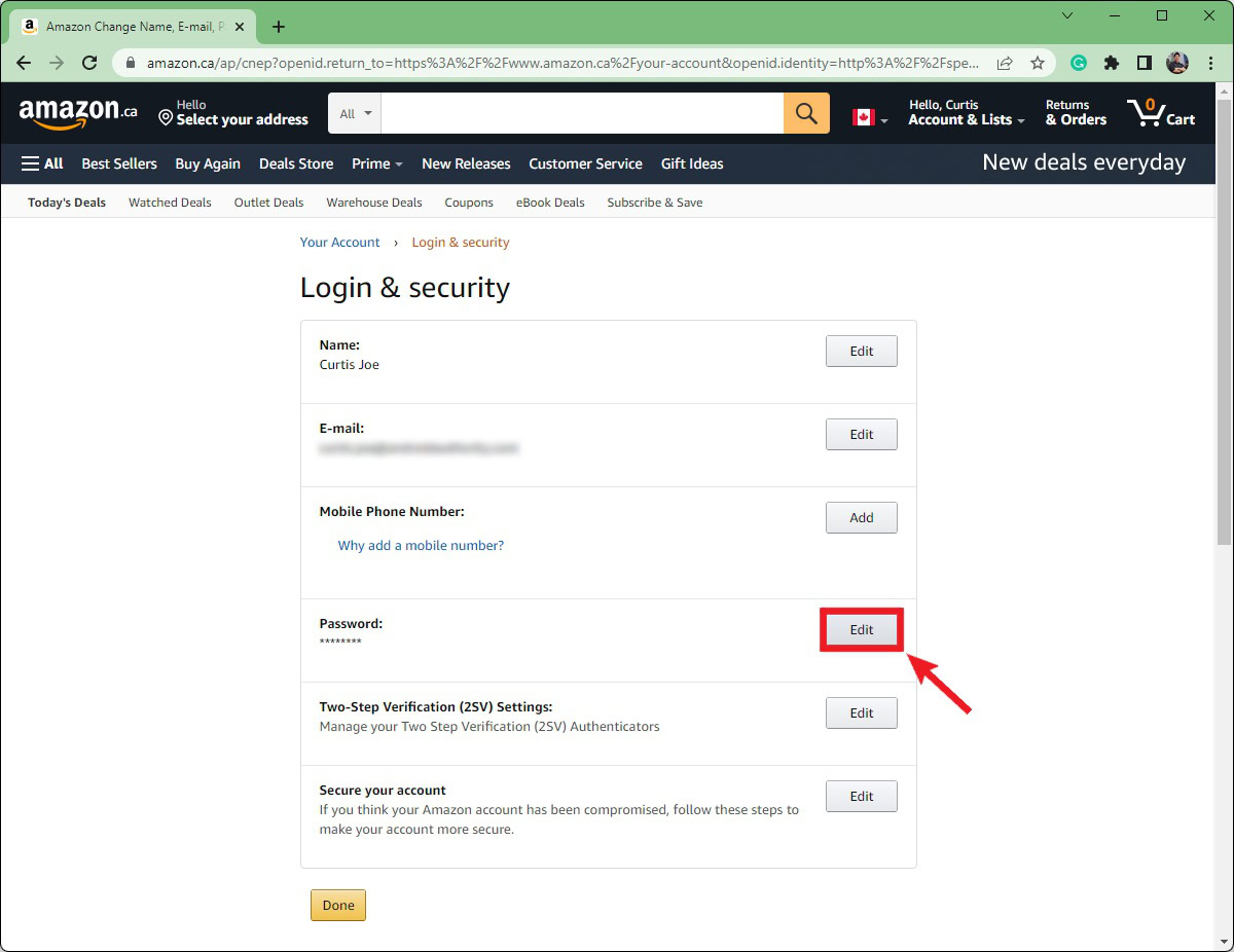 edit password amazon